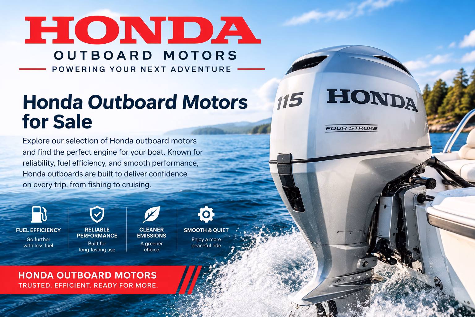 Honda 115 four-stroke outboard motor mounted on a boat