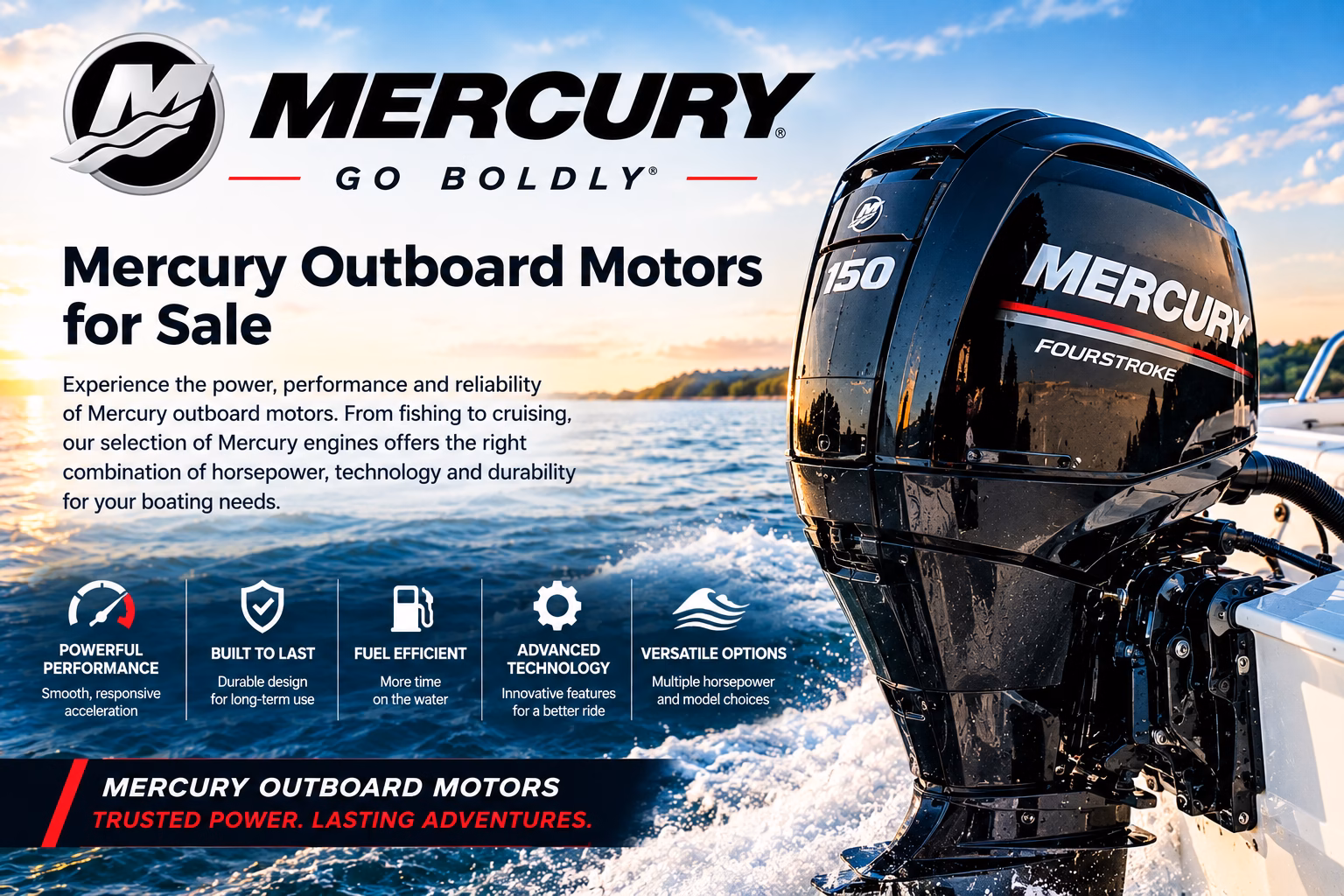Mercury FourStroke outboard motor mounted on a boat on the water