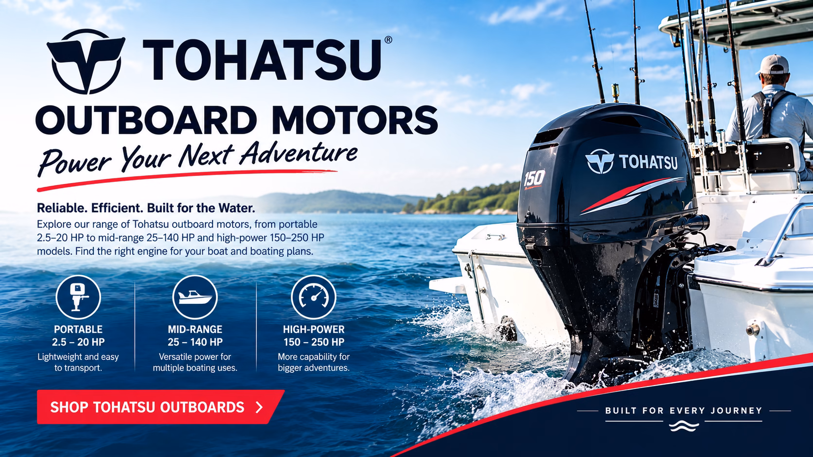 Tohatsu 150 HP outboard motor mounted on a boat on the water