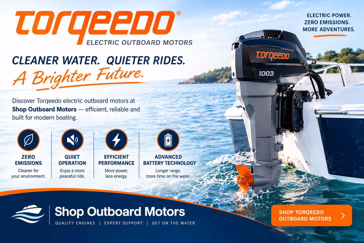 Torqeedo electric outboard motor mounted on a boat on the water